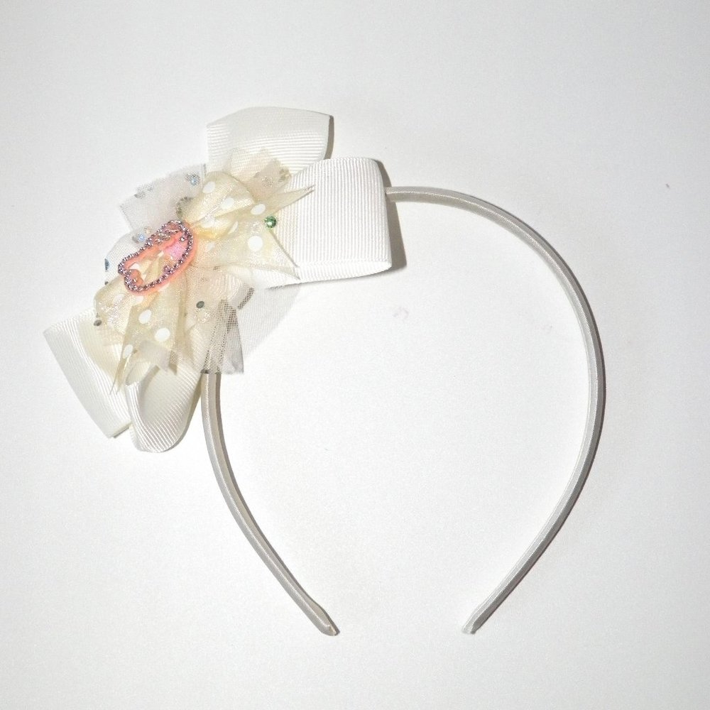 White Ribbon Bow Headband Kitty Accent